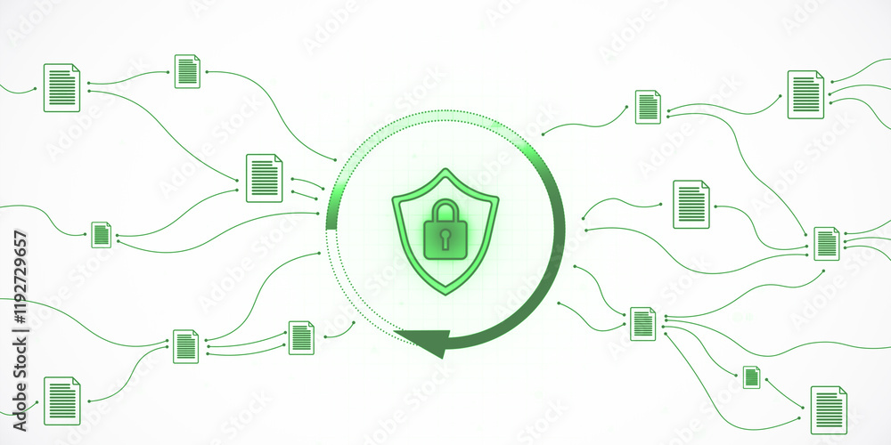Poster Secure data flow concept with shield and padlock icon on bright background, showcasing green interconnected documents. 3D Rendering
