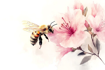 Honeybee Pollinating Pink Flowers Watercolor Illustration