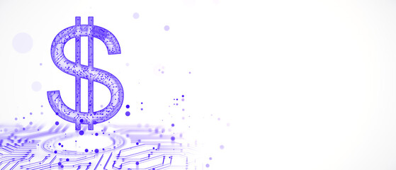 Abstract depiction of a purple dollar symbol with circuit patterns on a light background, representing digital finance concepts. 3D Rendering