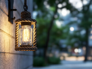 Rustic rope lantern illuminates a brick wall at dusk, with a blurred city background, ideal for home decor websites and blogs