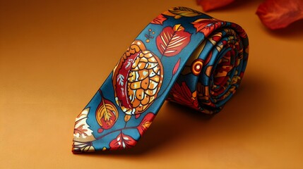 A vibrant Thanksgiving tie adorned with cartoon-style roasted turkey and pie illustrations. The bold, colorful design is both fun and festive, perfect for adding a playful twist to holiday attire. 