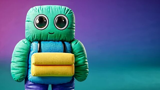 Colorful plush robot toy with large eyes on a gradient background, ideal for children's toys and playful decor concepts