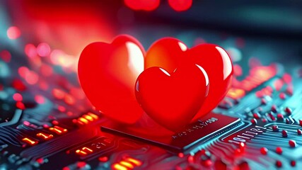 A digital art piece featuring glowing red hearts on a circuit board background. - Powered by Adobe