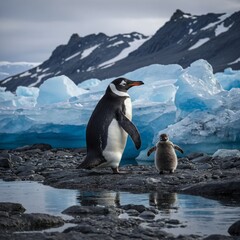 Obraz premium A penguin with its chick on a rocky Antarctic shoreline with glowing blue icebergs.