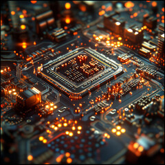 Obraz premium close up of a motherboard, computer circuit board, quantum chip processor
