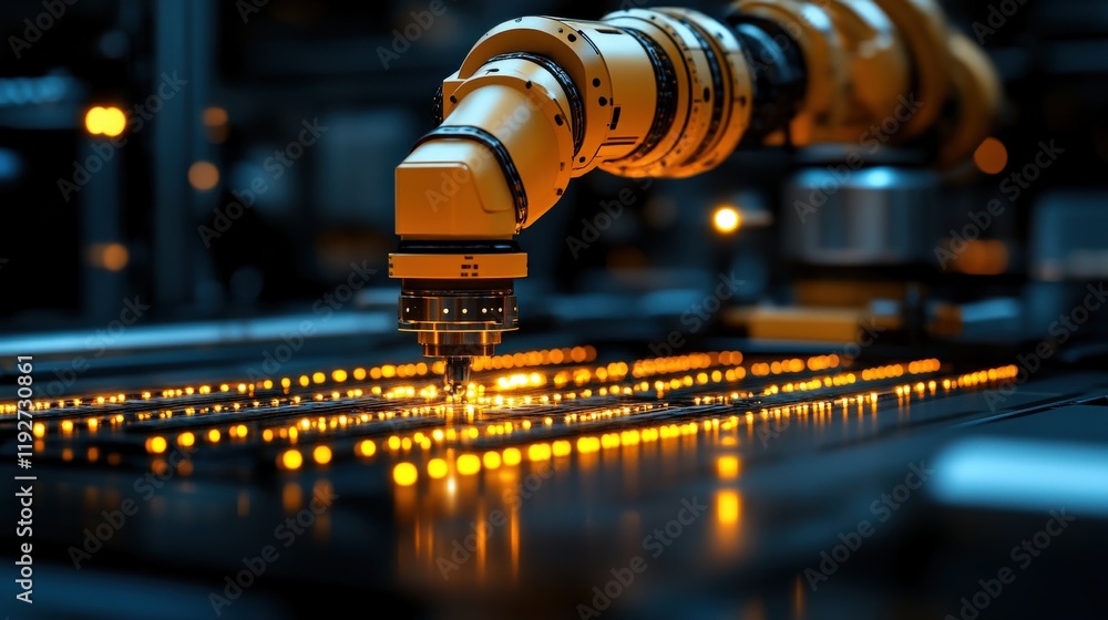 Poster advanced robotic arm engaged in precision manufacturing process with vibrant led lighting on work su