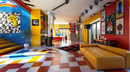 Playful Colors in a Modern Apartment Interior.  Bright and Cheerful Pop Art Inspired Living Room