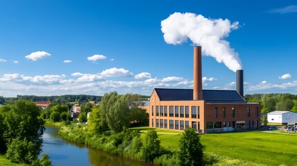 Modern brick factory gently emitting steam under bright sunlight. AI Generated