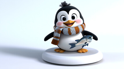 A cartoon penguin is holding a fish in its mouth. generated using AI