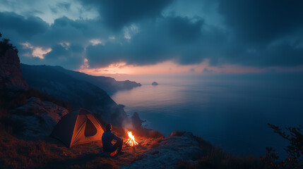 Fototapeta premium Foggy morning on the shore: a tent, mountains and a man by the fire in warm clothes. 