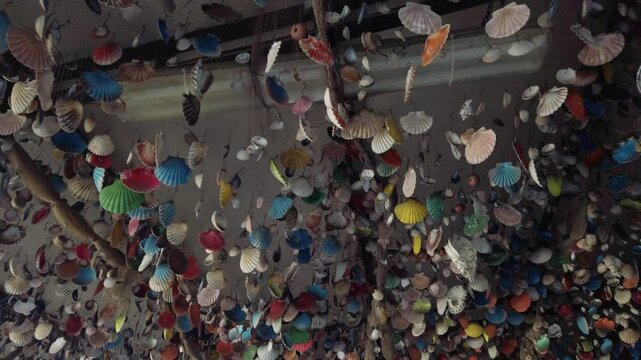 Sea shells hanging from a net on a celling decoration, Opatia, Croatia