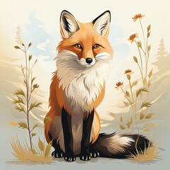 Minimalist Fox Illustration in Flat Style Featuring a Light and Soft Color Palette