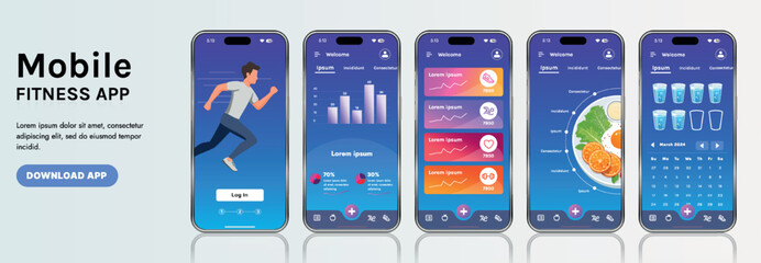 A sleek fitness app interface template featuring responsive design elements, including dashboards, charts, and statistics. Perfect for tracking health, weekly progress, and sports activities
