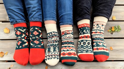A cozy scene featuring the feet of a family wearing matching holiday socks, arranged closely together. The festive designs and close-knit arrangement evoke a warm, cheerful National Sock Day 