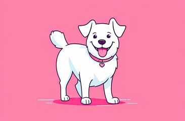happy white cartoon dog with pink collar and pink tongue on light pink background - joyful canine character illustration.