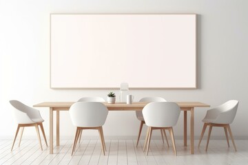 Minimalist dining room interior with wooden table, white chairs, and empty frame hanging on white wall, perfect for showcasing artwork or designs