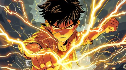 An anime character with spiky brown hair, wearing a yellow jacket and a determined look, surrounded by glowing yellow lightning.