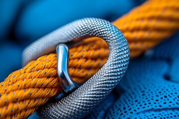 Closeup of climbing ropes, vibrant orange and pale blue ropes intertwined, 