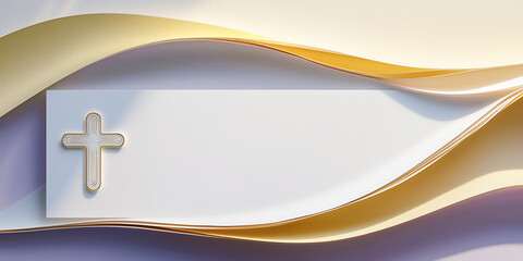 Religion background Christian Cross geometric gold white lilac yellow, copy space for bible verse, baptism, first communion, Easter Sunday message