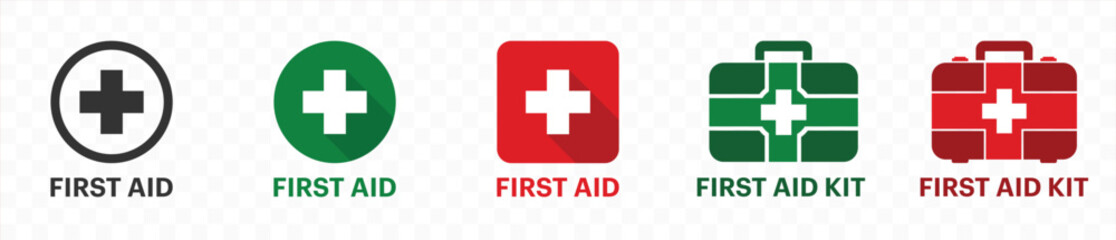 First aid icon with first aid kit symbol. Medical briefcase icon. Green FIRST AID sign with text and cross symbol Sign, Emergency medicine concept. vector illustration