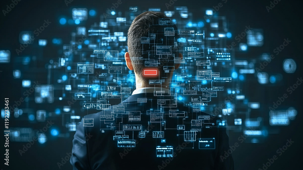 Poster data driven decisions: a businessman stands before a futuristic digital matrix, representing data, c
