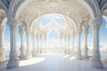 Obraz premium Ornate white marble palace with columns overlooking a majestic snowy mountain range and blue sky, creating a dreamy and ethereal atmosphere