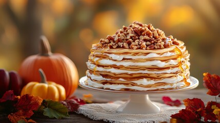 Pumpkin crepes stacked high, cinnamon apples cascading down, topped with crushed pecans and a drizzle of honey, surrounded by pumpkins and fall foliage