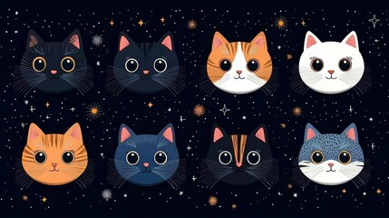 Obraz premium Stylized cartoon cat faces, intricate line art patterns, minimal and chic flat vector style, bold expressions, crafted for visual appeal