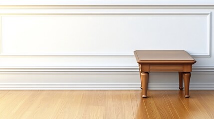 Fototapeta premium Warm light illuminates small wooden table against white paneled wall. AI Generated