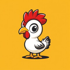 Cute cartoon rooster, yellow background, farm animal, mascot design