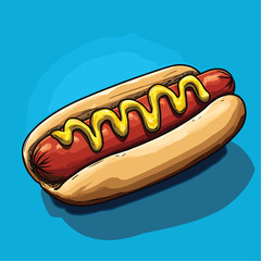 Hot dog with mustard on a bun, vibrant blue background.