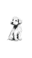 Black and white sketch of a sitting dog with curly fur.
