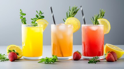 Fototapeta premium Lemonade and strawberry refreshers with ice cubes, garnished with fresh herbs, placed on a grey gradient background, radiating summer energy