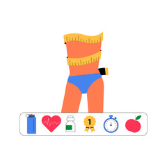 Waist With Measuring Tape And Fitness Icons In Flat Vector Illustration Symbolizing Weight Loss, Health Tracking, And Fitness Goals, Isolated On White Background.