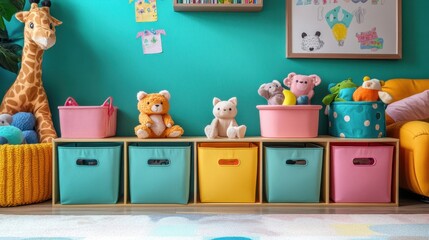 Colorful kids storage solutions with creative bins on a playroom backdrop, playful organization theme