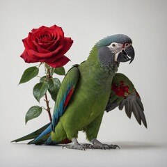 A tropical parrot gently clutching a red rose by its foot, the petals soft and vibrant, all set against a white background.