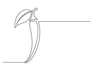 Continuous one line chili pepper with leaf isolated on white background. Simple vegetable silhouette. Hand drawn chili pepper outline. Vector illustration