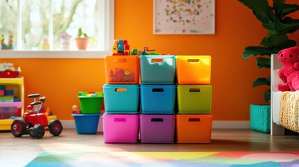 Stackable toy bins offering flexibility in storage on a vibrant playroom backdrop, modular design theme