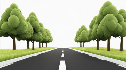 3D cartoon-style illustration of a road with green trees on both sides against a white background