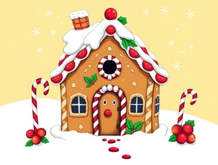 Illustrated Gingerbread House with Candy Canes and Cranberries