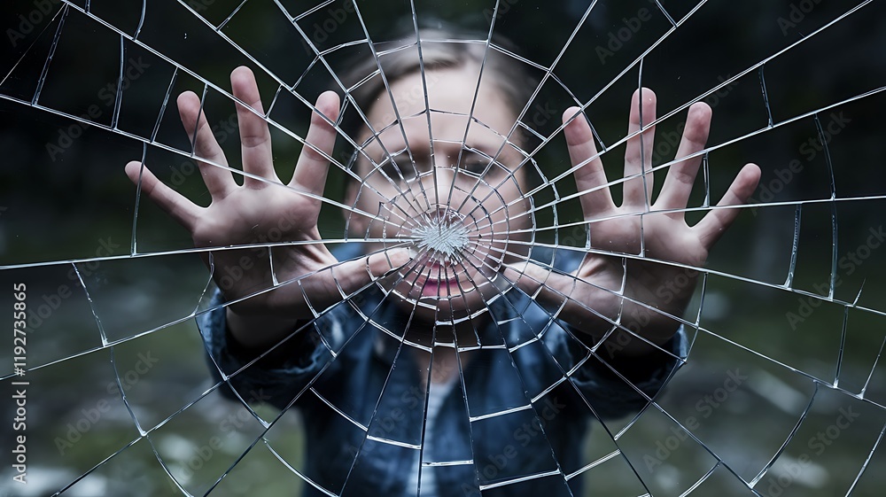 Poster emotive image of a face seen through shattered glass, with outstretched hands and upward-facing palm