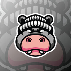 A mascot of a hippo head wearing a cute beanie hat