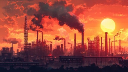 Obraz premium Crimson Sunset Over Industrial Complex: A digital painting depicting a sprawling industrial landscape silhouetted against a fiery sunset, the sky filled with smoke and pollution.