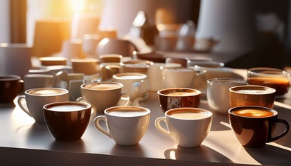 Close-up of many coffee cups  on table. Generated image