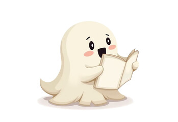 Obraz premium Minimalist Cartoon Ghost Reading Book on White Background, Isolated, Cute, Spooky, Halloween Theme, Educational Illustration