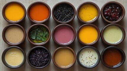 An Array of Colorful Sauces and Dips in Small Bowls, Overhead View