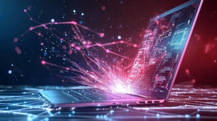 High-energy tech sale ad template, tablets, laptops on digital-themed background, spacious text overlay for promotions, bold and bright