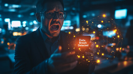 Data Breach Nightmare: A stressed businessman stares in horror at his phone, displaying a data breach alert, surrounded by a digital network visualization.