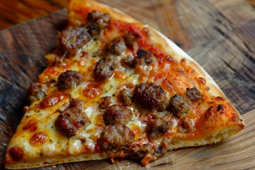 Delicious slice of pizza with italian sausage resting on wooden surface