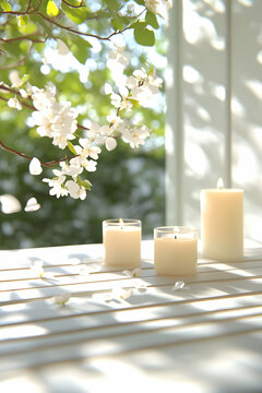 Serene spring scene three candles illuminate a white patio table, bathed in sunlight filtering through blossoming branches. Perfect for relaxation, spa, or home d?cor themes
